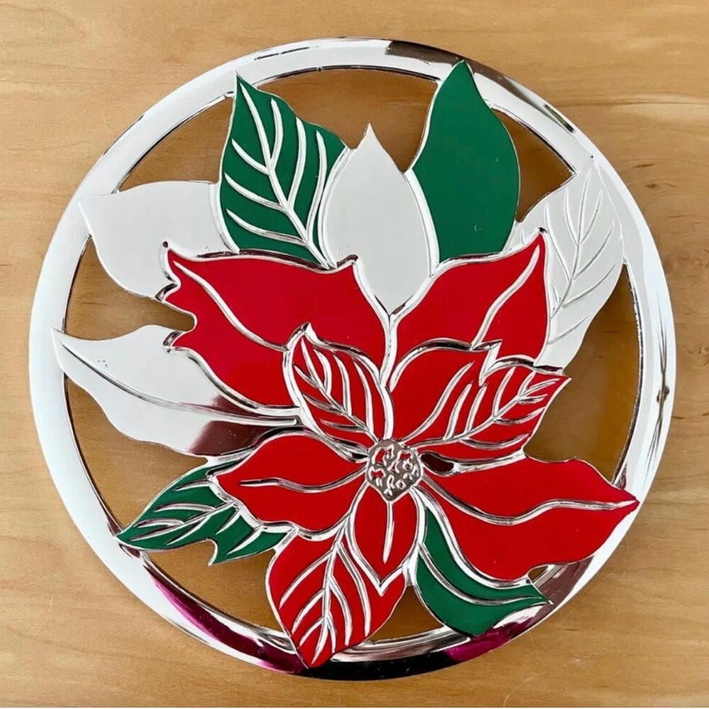 Silver Poinsettia Trivet Vintage 1970s 80s NWT Landes Christmas Holiday Kitchen